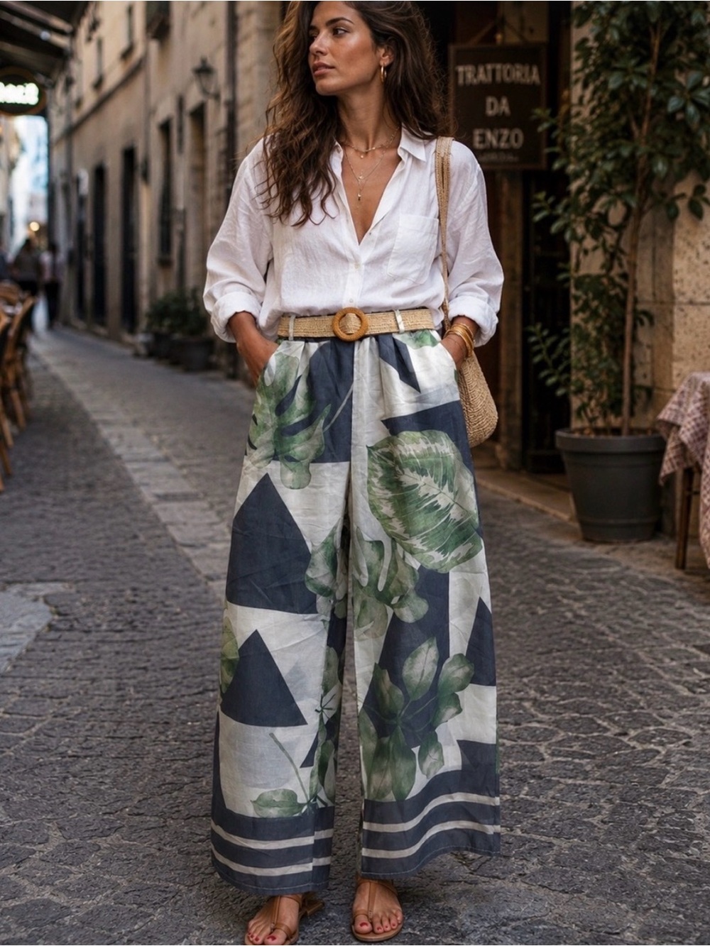 Wide-Leg Botanical Print Pants - Green/Blue